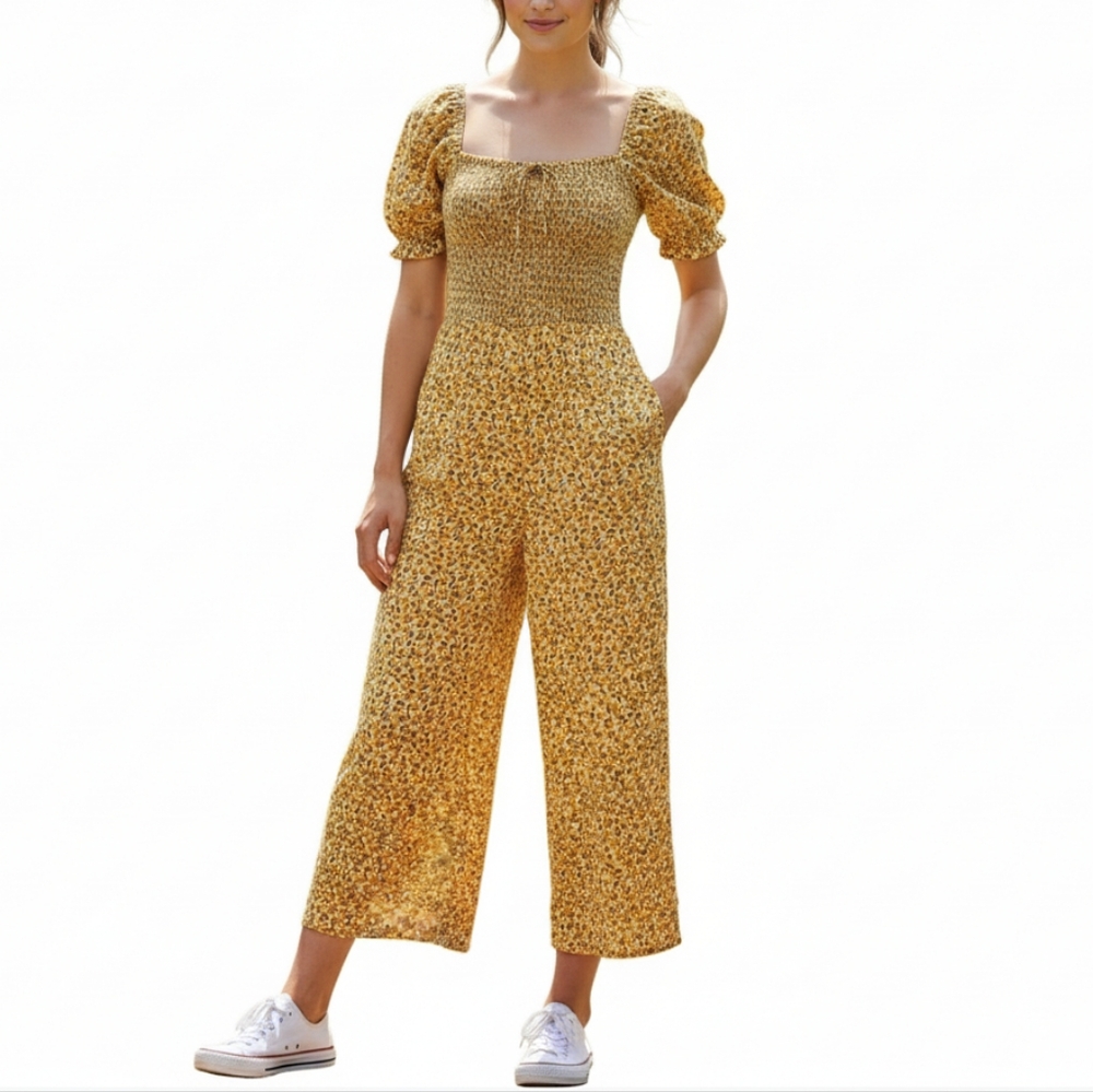 Faithfull The‎ Brand Laszlo Sunflower Printed Cropped Smocked Wide Leg  Jumpsuit